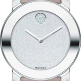 Movado Bold Glitter Silver Dial Pink Leather Strap Watch For Women - 3600522