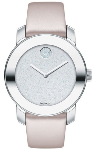 Movado Bold Glitter Silver Dial Pink Leather Strap Watch For Women - 3600522
