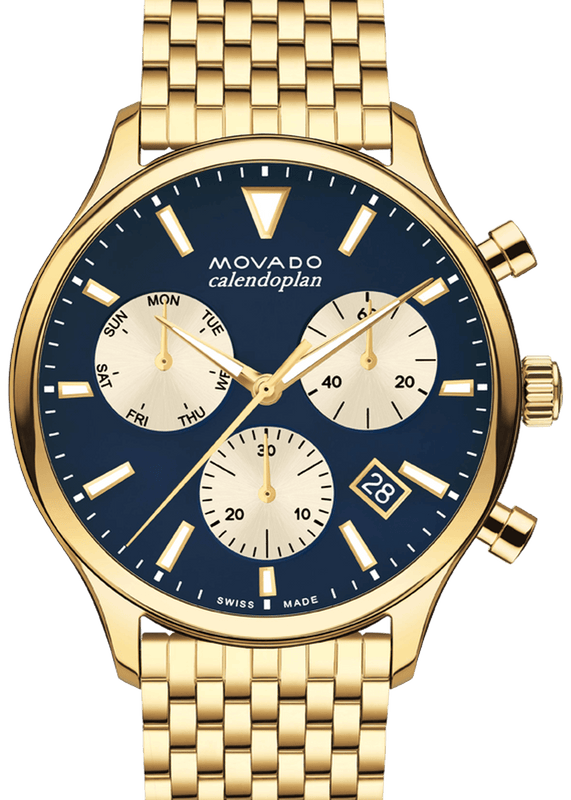 Movado Heritage Calendoplan Blue Dial Gold Steel Strap Watch for Men - 3650015