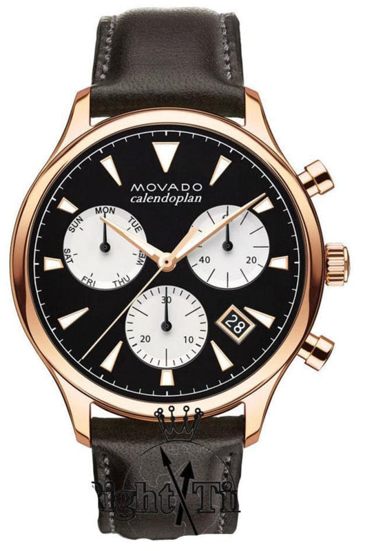 Movado Heritage Calendoplan Chronograph Black Dial Brown Leather Strap Watch for Men - 3650021