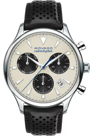 Movado Heritage Calendoplan Chronograph Silver Dial Black Leather Strap Watch for Men - 3650024