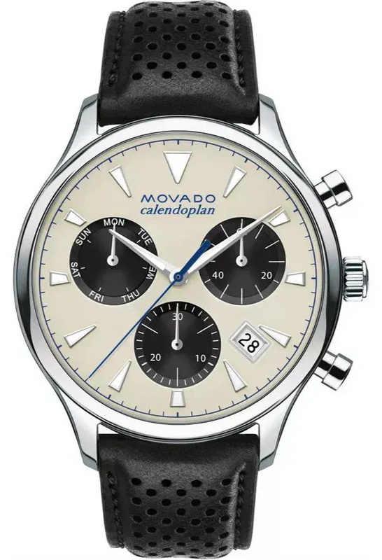 Movado Heritage Calendoplan Chronograph Silver Dial Black Leather Strap Watch for Men - 3650024