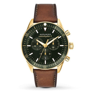 Movado Heritage Chronograph Green Dial Brown Leather Strap Watch For Men - 3650062