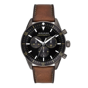 Movado Heritage Series 29mm Calendoplan Chronograph Black Dial Brown Leather Strap Watch For Men - 3650060