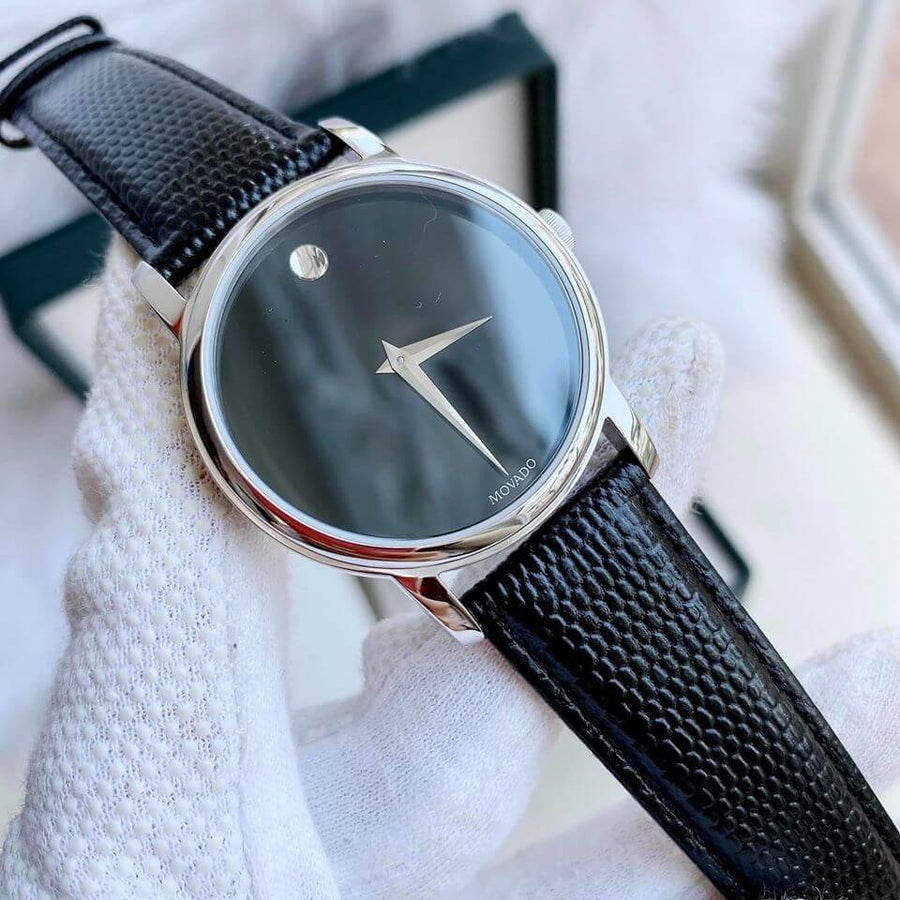Movado Museum Black Dial Black Leather Strap Watch For Men - 2100002