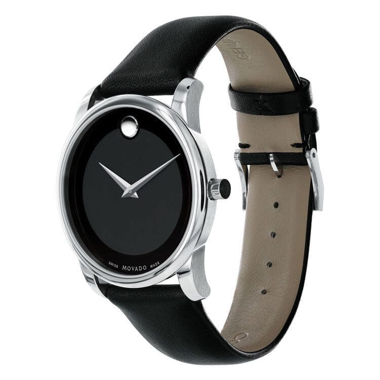 Movado Museum Black Dial Black Leather Strap Watch For Men - 606502