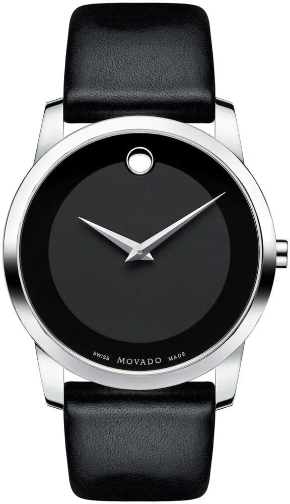 Movado Museum Black Dial Black Leather Strap Watch For Men - 606502