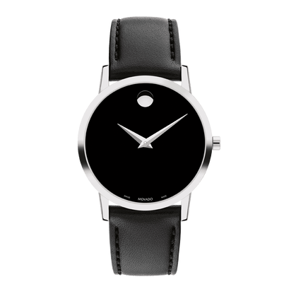 Movado Museum Black Dial Black Leather Strap Watch For Men - 606502