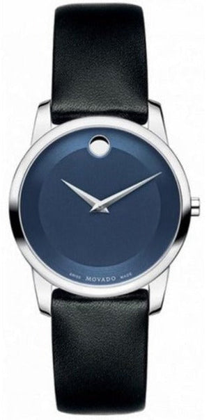 Movado Museum Blue Dial Black Leather Strap Watch For Women - 0606611