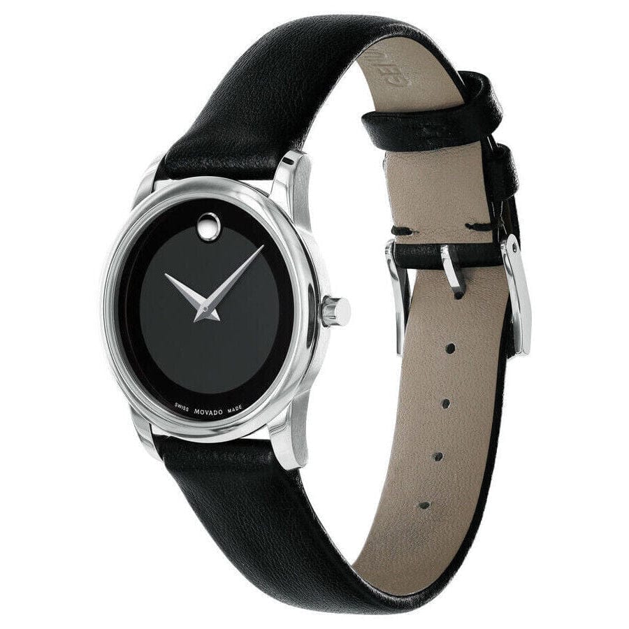 Movado Museum Classic Black Dial Black Leather Strap Watch For Women - 0606503
