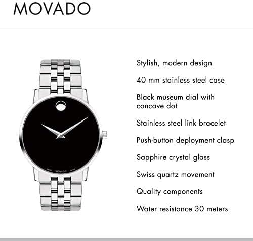 Movado Museum Classic Black Dial Silver Steel Strap Watch for Men - 0607199