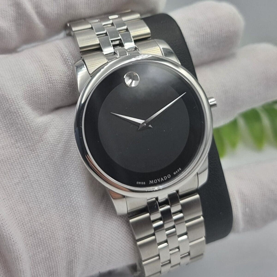Movado Museum Classic Black Dial Silver Steel Strap Watch For Men - 606504