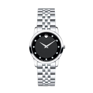 Movado Museum Classic Black Dial Silver Steel Strap Watch For Women - 0606858