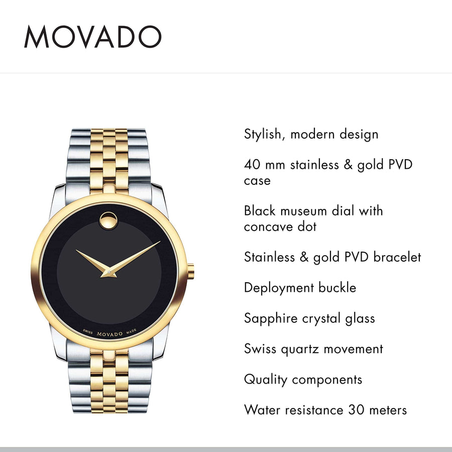 Movado Museum Classic Black Dial Two Tone Steel Strap Watch For Men - 606899