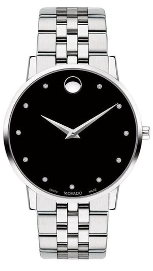 Movado Museum Classic Diamonds Black Dial Silver Steel Strap Watch for Men - 0607201