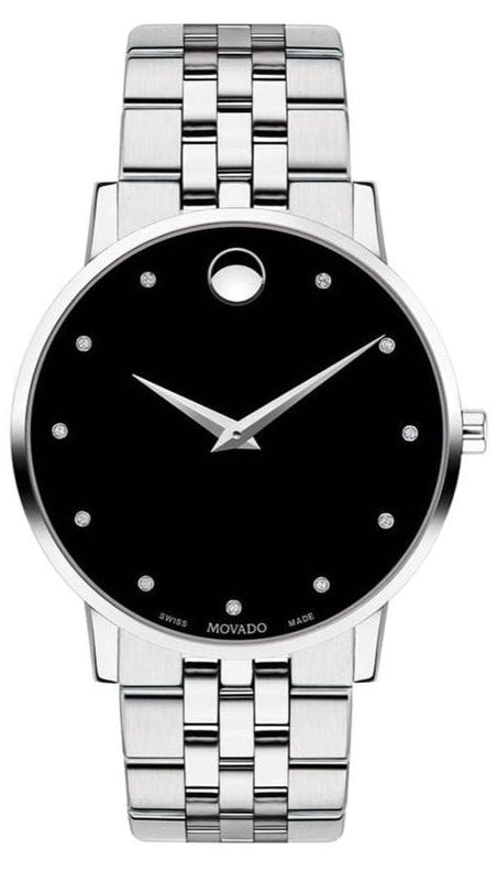Movado Museum Classic Diamonds Black Dial Silver Steel Strap Watch for Men - 0607201