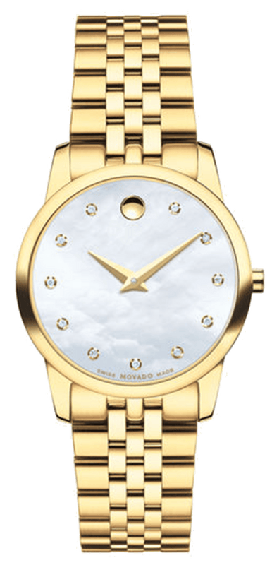 Movado Museum Classic Diamonds Mother of Pearl Dial Gold Steel Strap Watch For Women - 0606998
