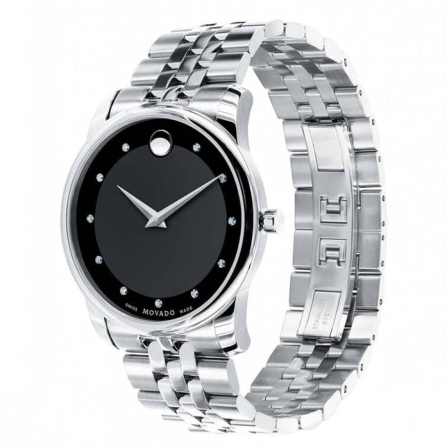 Movado Museum Diamonds Black Dial Silver Steel Strap Watch For Men - 606878