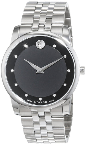 Movado Museum Diamonds Black Dial Silver Steel Strap Watch For Men - 606878