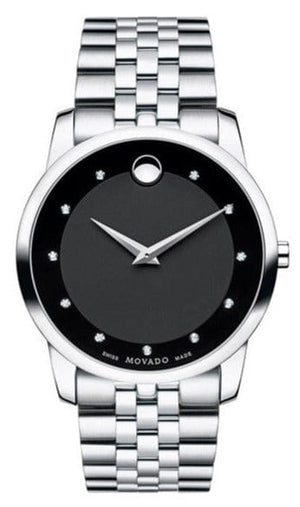 Movado Museum Diamonds Black Dial Silver Steel Strap Watch For Men - 606878