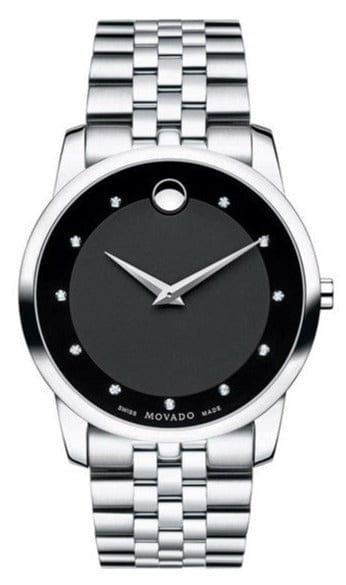 Movado Museum Diamonds Black Dial Silver Steel Strap Watch For Men - 606878