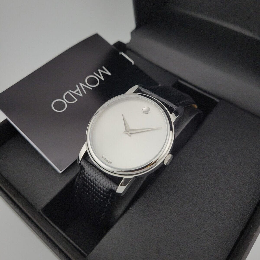 Movado Museum Quartz Silver Dial Black Leather Strap Watch For Men - 2100001