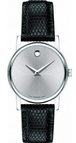 Movado Museum Silver Dial Black Leather Strap Watch For Women - 2100003