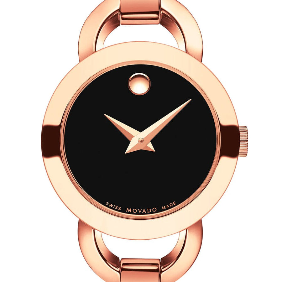 Movado Rondiro 22mm Black Dial Rose Gold Steel Strap Watch For Women - 0607065