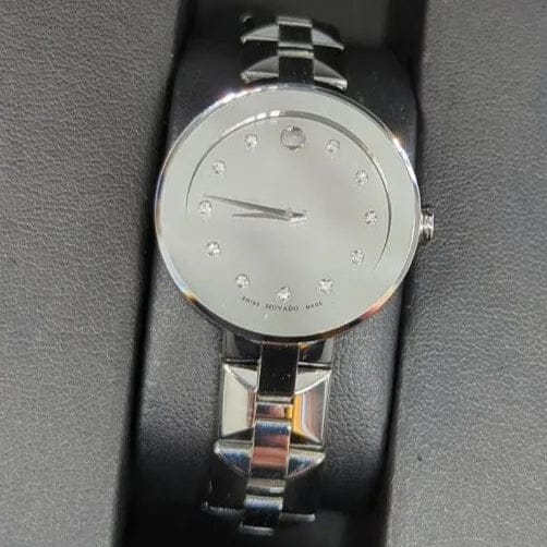 Movado Sapphire Diamonds Silver Dial Silver Steel Strap Watch For Women - 606814