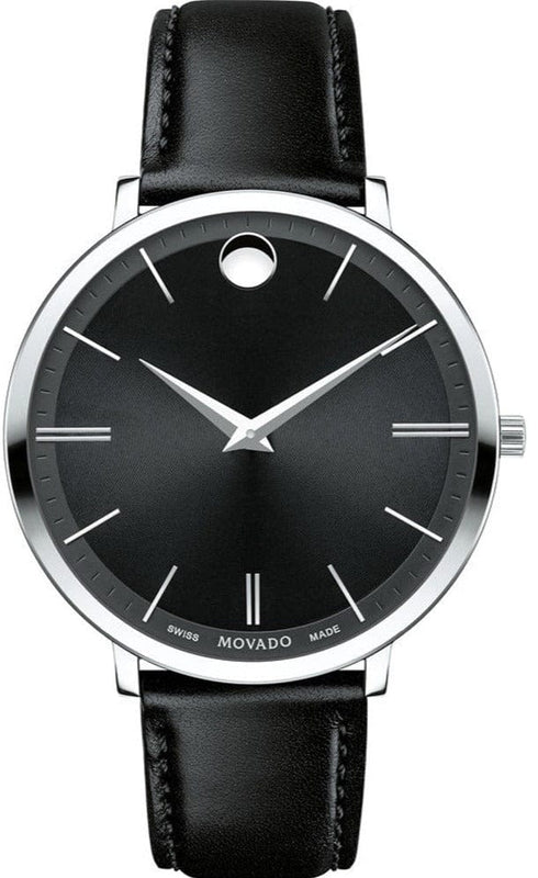 Movado Ultra Slim Black Dial Black Leather Strap Watch For Women - 0607090