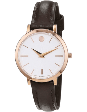 Movado Ultra Slim White Dial Brown Leather Strap Watch For Women - 0607096