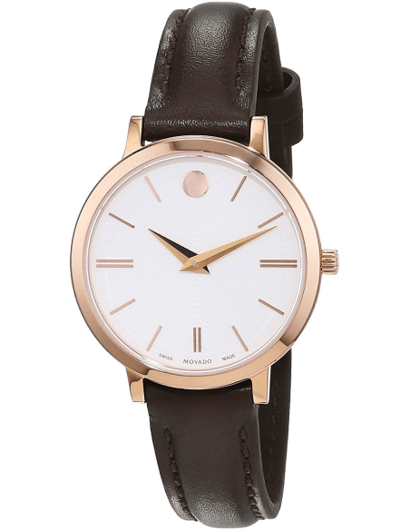 Movado Ultra Slim White Dial Brown Leather Strap Watch For Women - 0607096