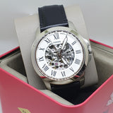 Fossil Grant Automatic Skeleton White Dial Black Leather Strap Watch for Men - ME3101