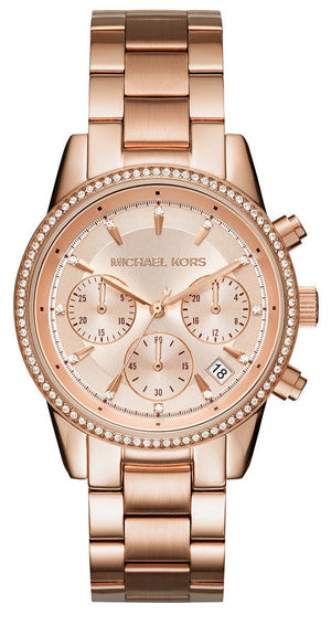 Michael Kors Ritz Chronograph Rose Gold Dial Rose Gold Steel Strap Watch for Women - MK6357