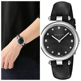 Gucci Diamantissima Diamonds Black Dial Black Leather Strap Watch For Women - YA141403