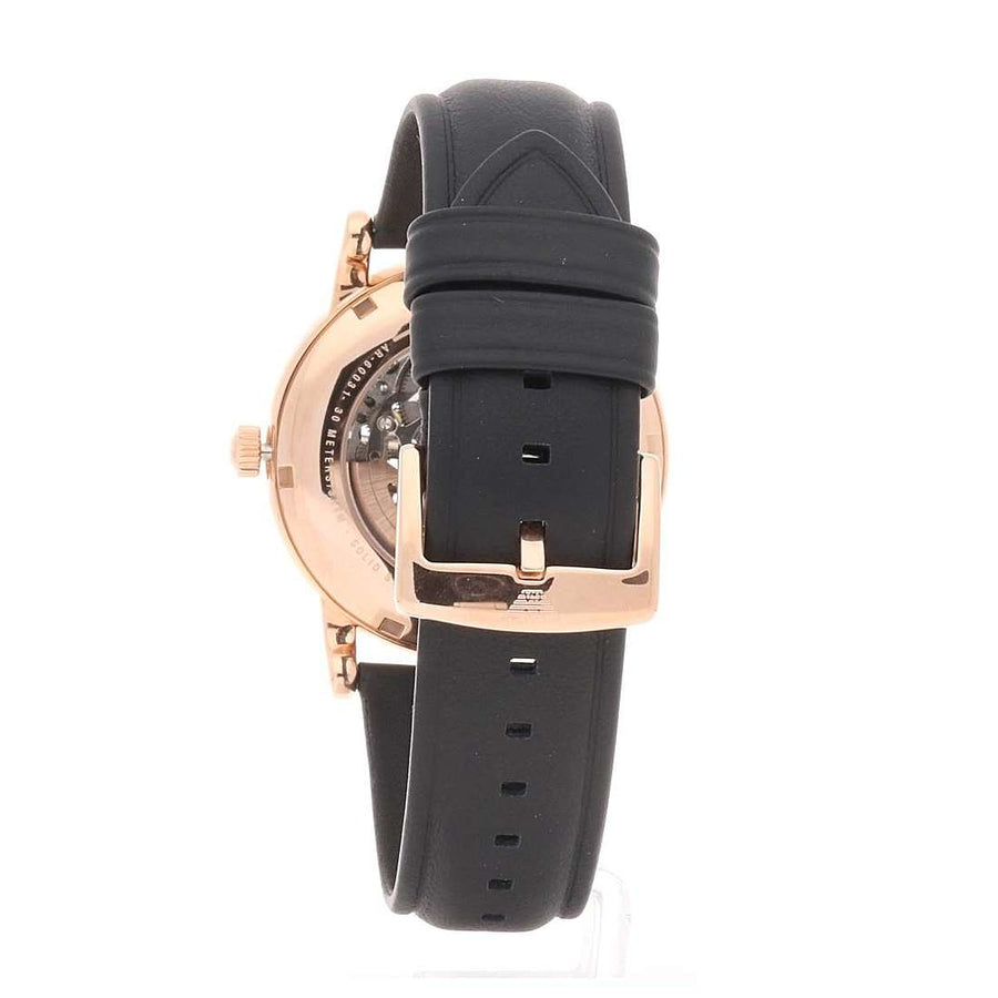 Emporio Armani Meccanico Skeleton Silver Dial Black Leather Strap Watch For Men - AR60031