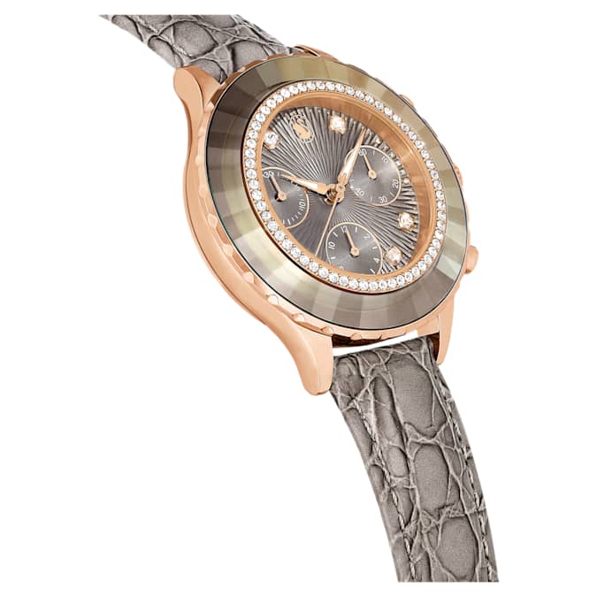 Swarovski Octea Chrono Grey Dial Grey Leather Strap Watch for Women - 5671153