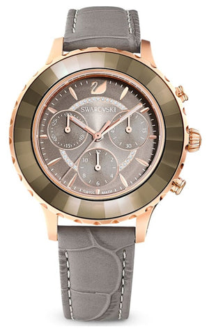 Swarovski Octea Lux Chrono Grey Dial Grey Leather Strap Watch for Women - 5452495