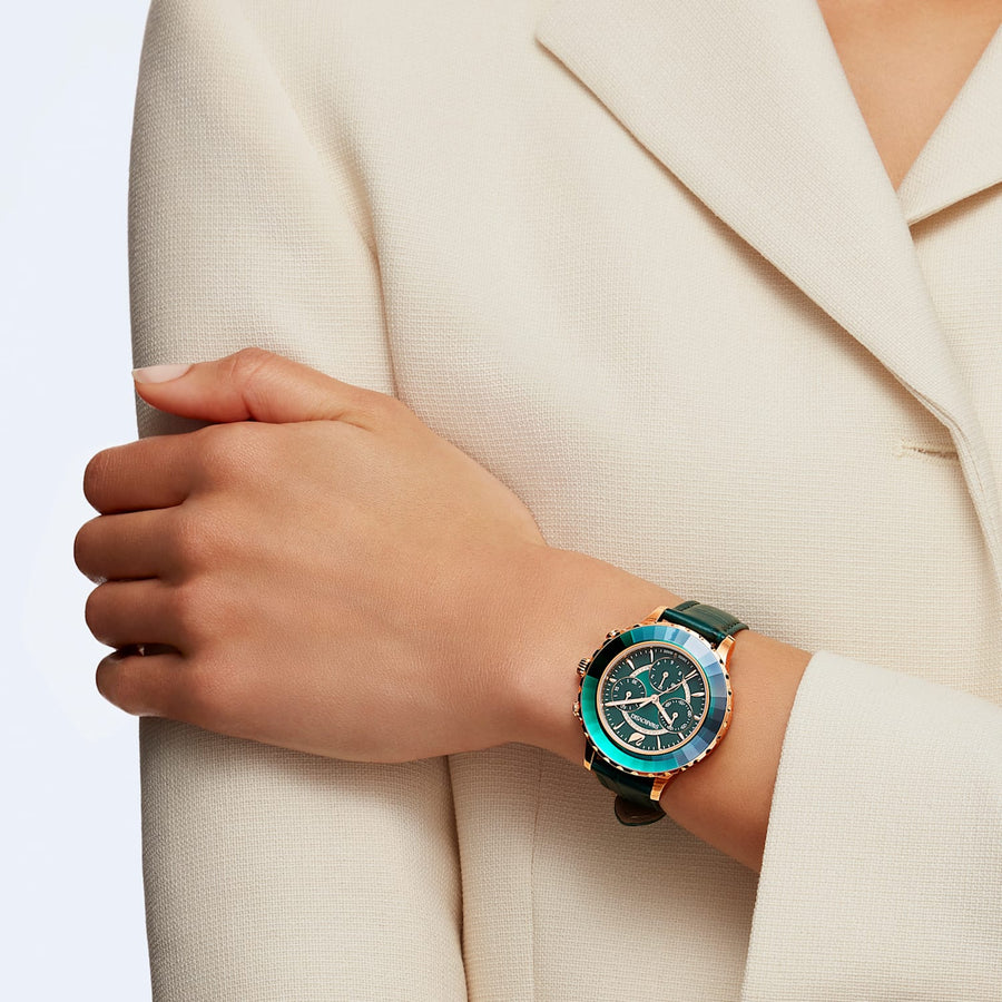 Swarovski Octea Lux Chrono Emerald Green Dial Green Leather Strap Watch for Women - 5452498