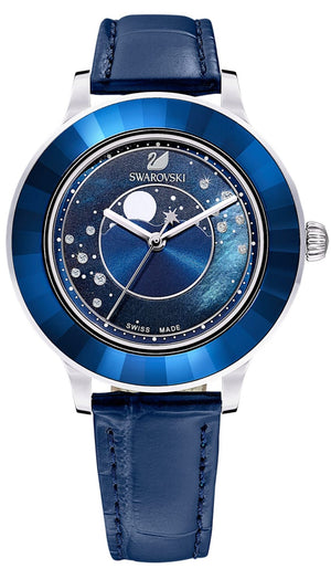 Swarovski Octea Lux Moon Crystal Blue Dial Blue Leather Strap Watch for Women - 5516305