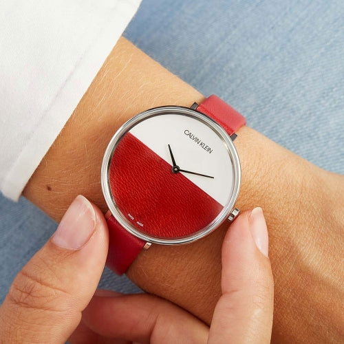 Calvin Klein Rise Yellow Red Dial Red Leather Strap Watch for Women - K7A231UP
