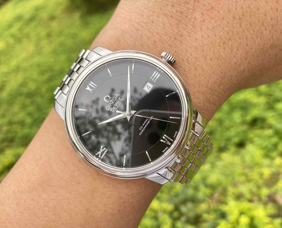 Omega De Ville Prestige Co-Axial Black Dial Silver Steel Strap Watch for Men - 424.10.40.20.01.001