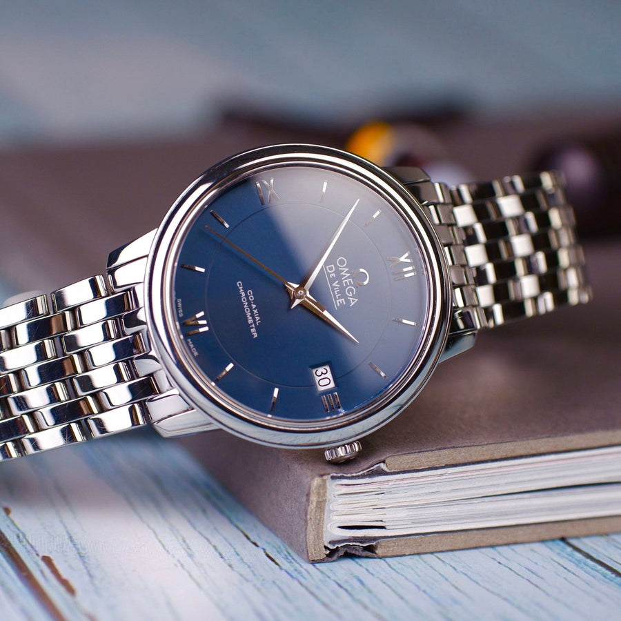 Omega De Ville Prestige Co-Axial Orbis Blue Dial Silver Steel Strap Watch for Men - 424.10.40.20.03.001