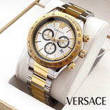 Versace Classic Chronograph Quartz Silver Dial Two Tone Steel Strap Watch For Men - VEV700519