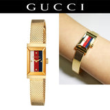 Gucci G Frame Quartz Diamonds White Red Blue Dial Gold Mesh Bracelet Watch For Women - YA147511