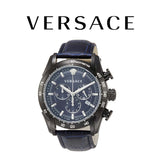 Versace V-Ray Chronograph Quartz Blue Dial Black Leather Strap Watch For Men - VEDB00418