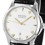 Gucci G Timeless Automatic Silver Dial Black Leather Strap Unisex Watch - YA126468