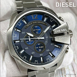 Diesel Mega Chief Chronograph Blue Dial Silver Steel Strap Watch For Men - DZ4417