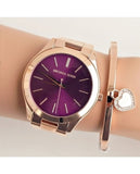 Michael Kors Slim Runway Purple Dial Rose Gold Steel Strap Watch for Women - MK3293