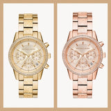 Michael Kors Ritz Chronograph Gold Dial Gold Steel Strap Watch For Women - MK6597